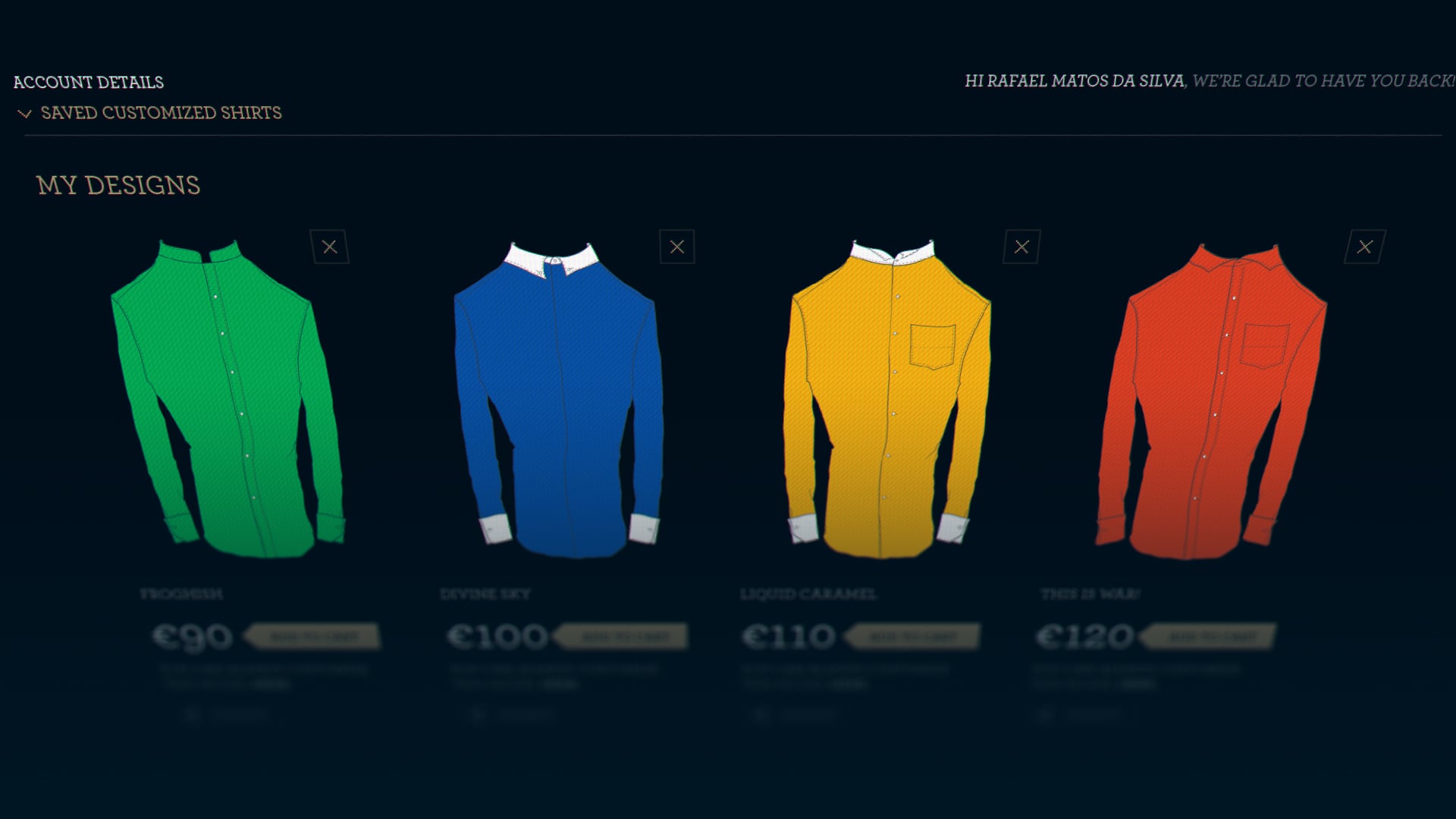 Four customized shirts in green, blue, yellow, and red, with pricing and user greeting.