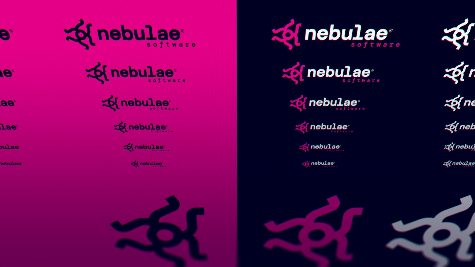 A background design featuring the Nebulae Software logo in black on pink and dark blue sections.