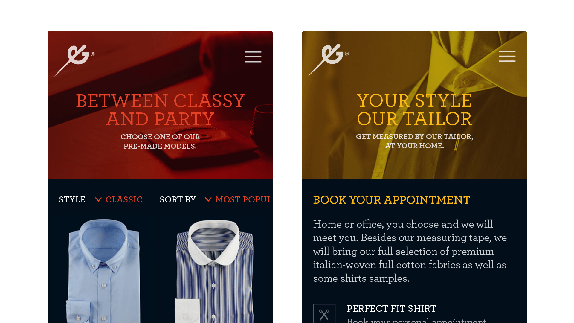 Two mobile screens showing a fashion app with custom shirts and home tailoring measurements.