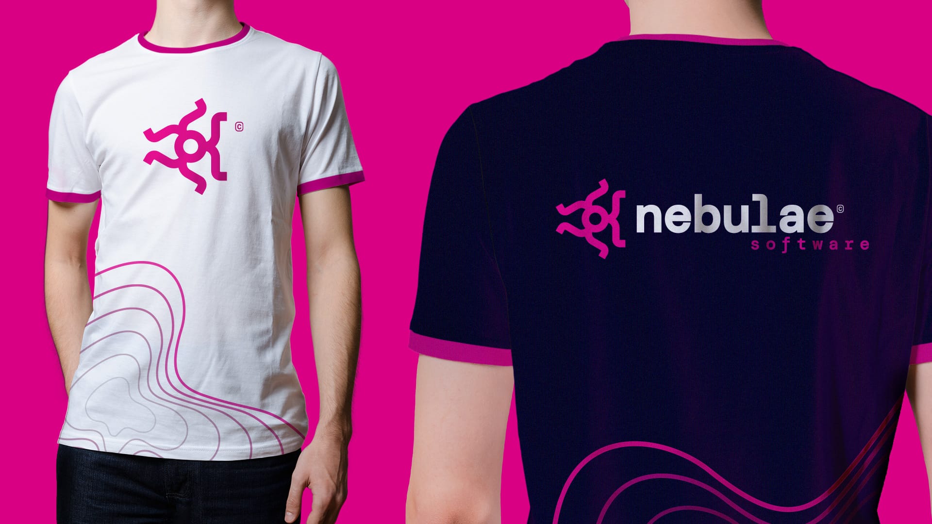 A model wears a stylish t-shirt featuring a vibrant pink design and the logo of Nebulae Software.