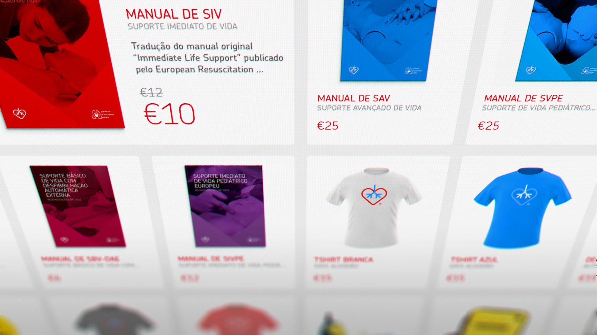 Selection of life support manuals and t-shirts for sale, with titles in Portuguese and prices.