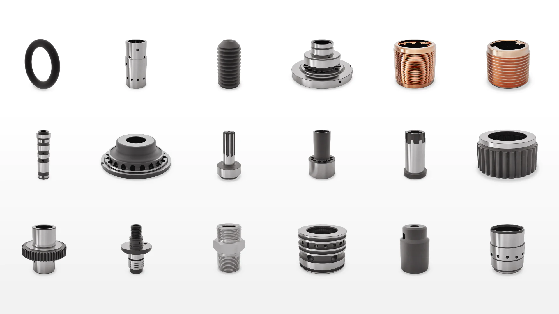 Metallic and rubber industrial components showing various shapes and sizes.