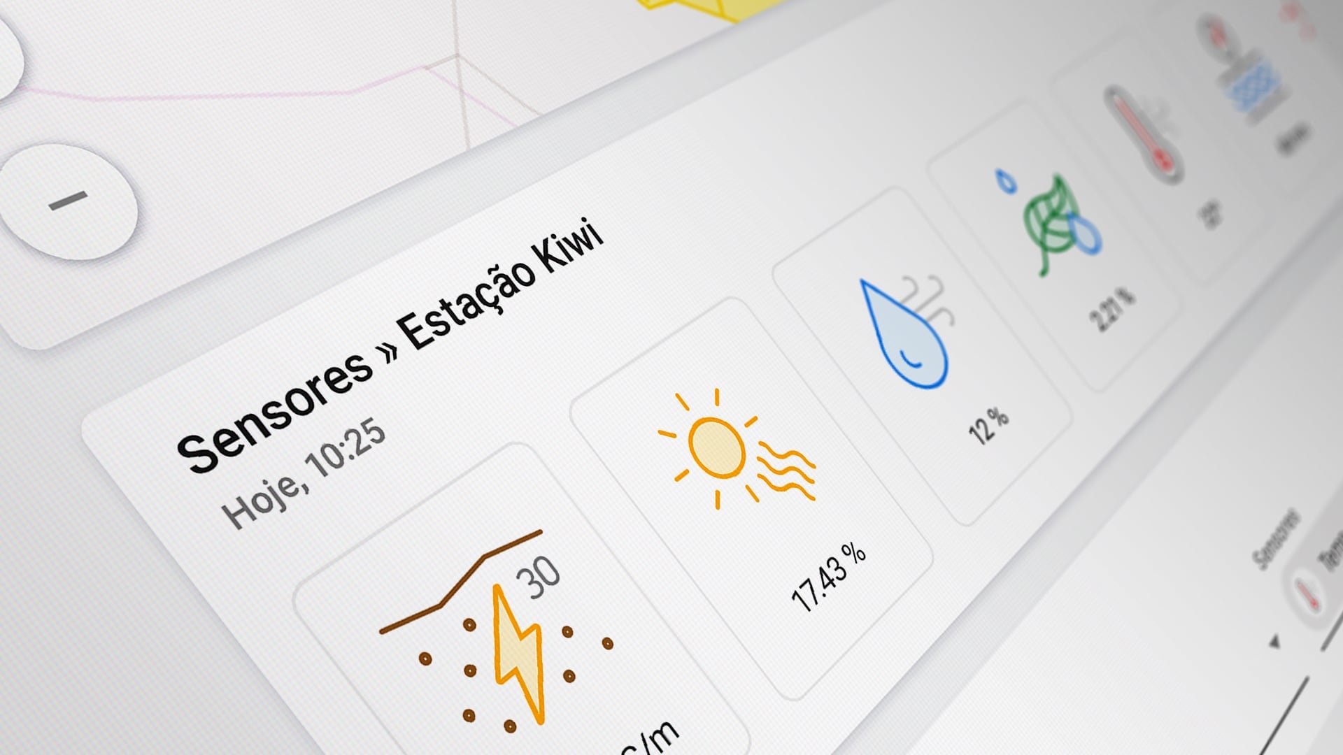 Close-up of a weather station interface showing temperature, humidity, sunlight, and rain.