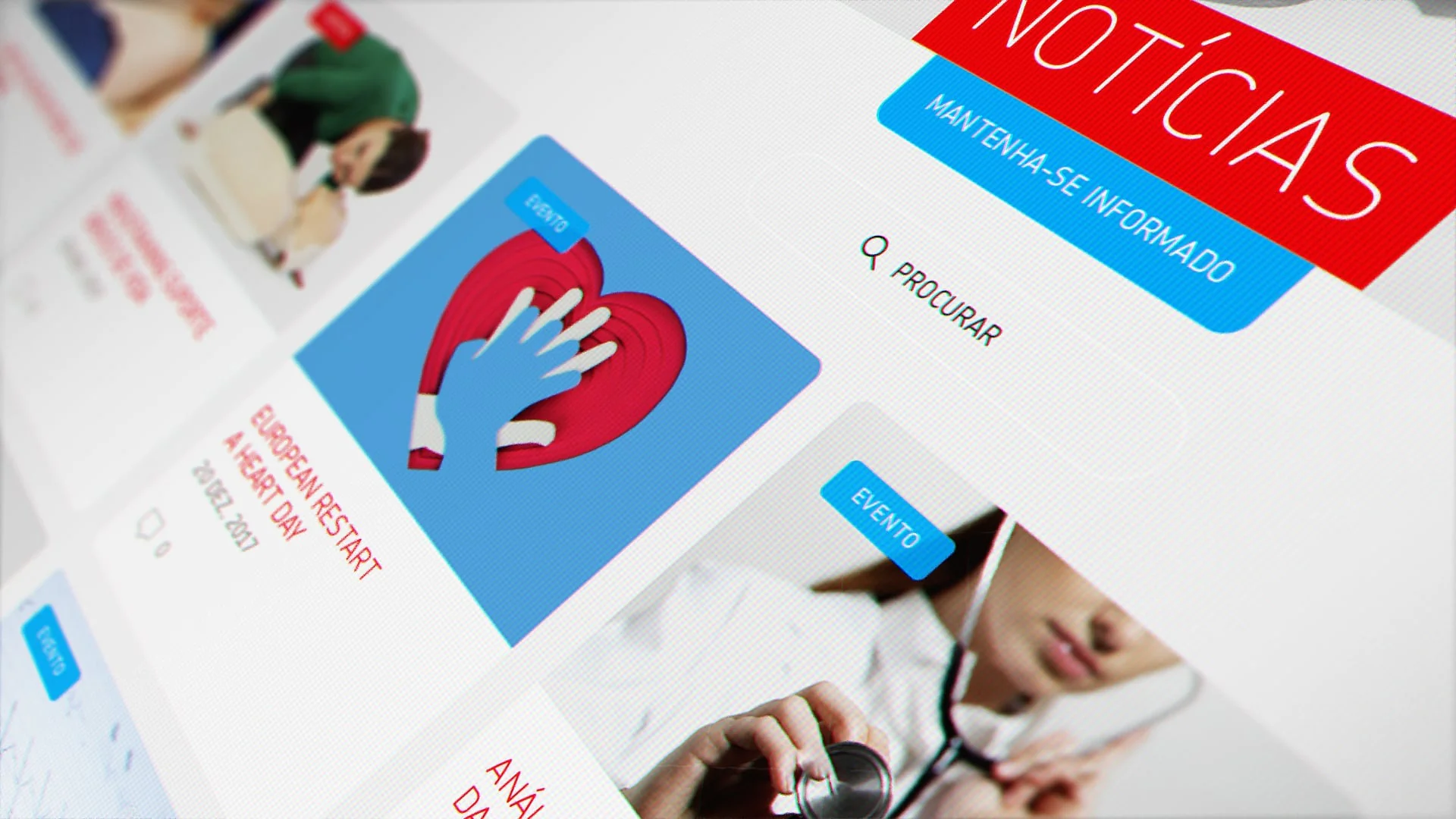 Close-up of a health news website with event listings, heart graphics, and search.